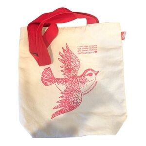 🌈 6/$60 Poma Noma Russian Wording Cotton Tote Bag Bird Cream Red Handles